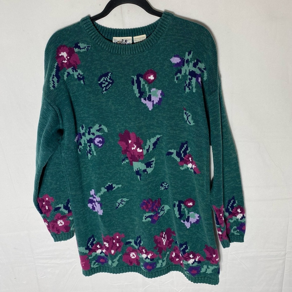 Vintage Northern Reflections Green Purple Floral Cotton Knit Crew Neck Sweatr XL